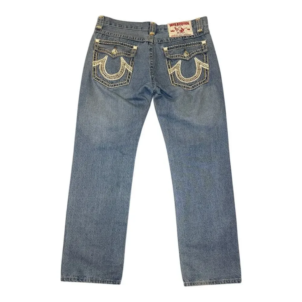 True Religion Men's Straight Jeans Joey Super T Blue‎ Size 38 Iconic Stitching